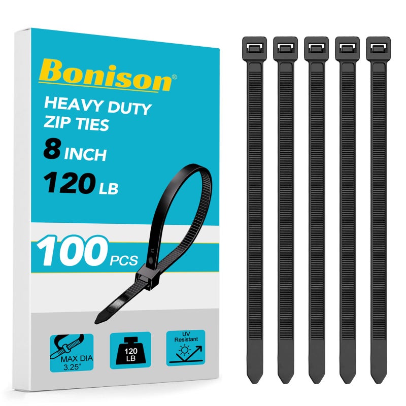 Bonison Zip Ties 8 inch Heavy Duty Zip Ties with 120 Pounds Tensile Strength, Black Cable Ties for Multi-Purpose Use, Self-Locking UV Resistant Nylon, 100 Pcs - Image 1